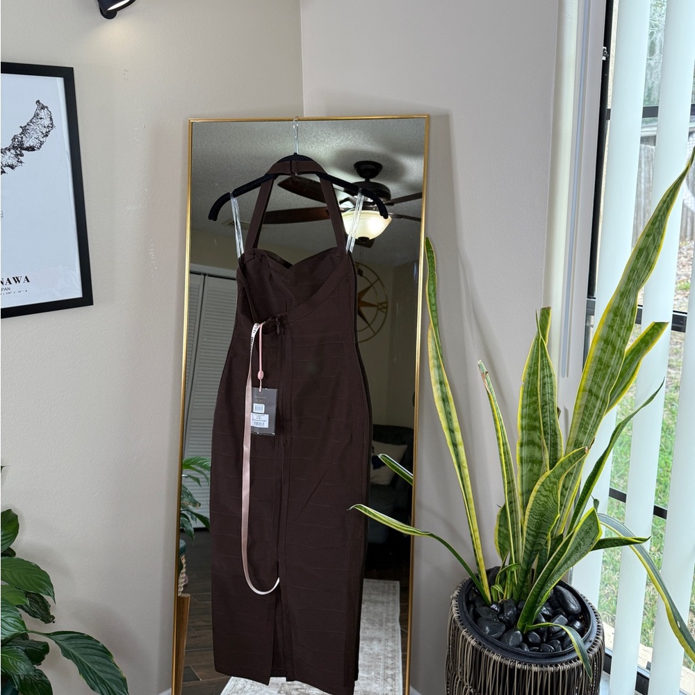 House of CB 'The Supermodel' chocolate halter midi bandage dress NWT - Picture 6 of 9